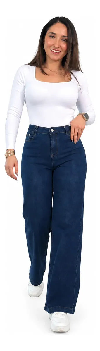 Jeans Wide Leg Corte Recto Tiro Alto Elasticado Azul Oscuro