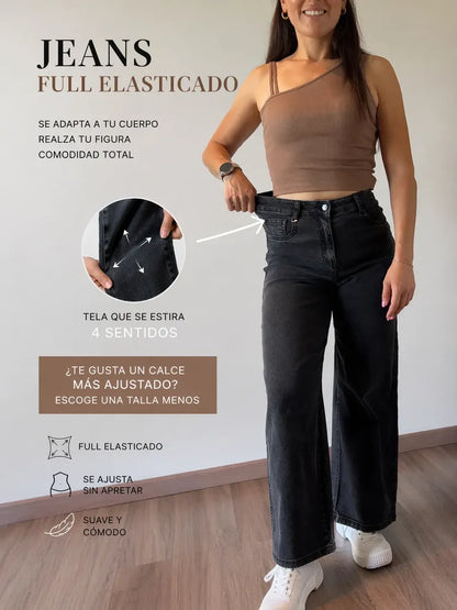Jeans Mujer Negro Lavado Tiro Alto Elasticado Súper Cómodo