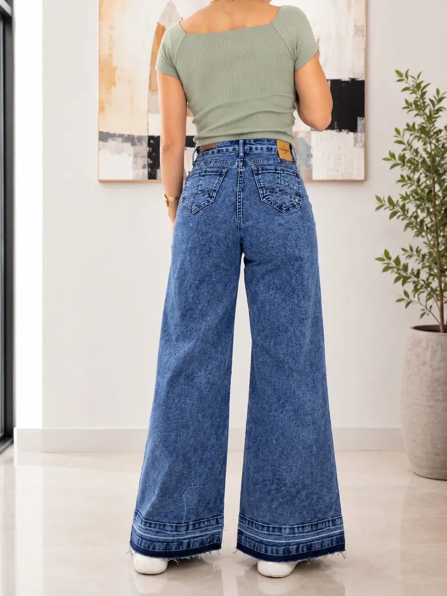 Jeans Wideleg Full Elasticado Azul Piedra Basta Deshilachada