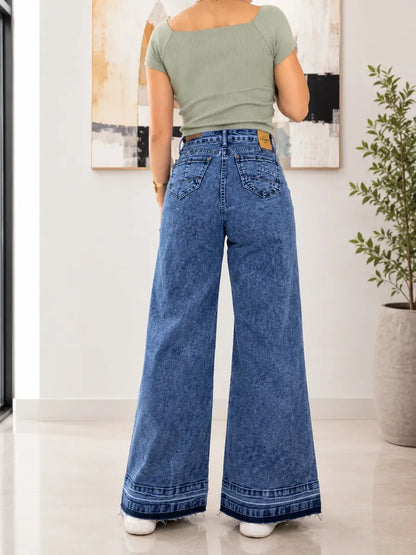 Jeans Wideleg Full Elasticado Azul Piedra Basta Deshilachada