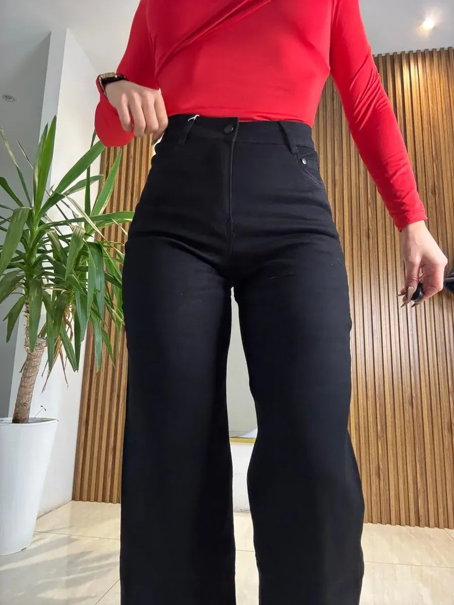Jeans Wide Leg Negro Tiro Alto Full Elasticado Talla Grande