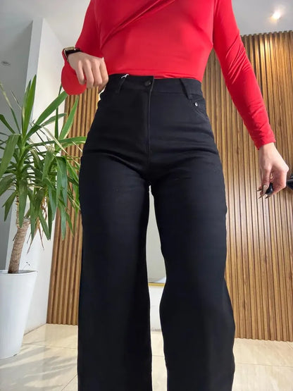 Jeans Wide Leg Negro Tiro Alto Full Elasticado Talla Grande