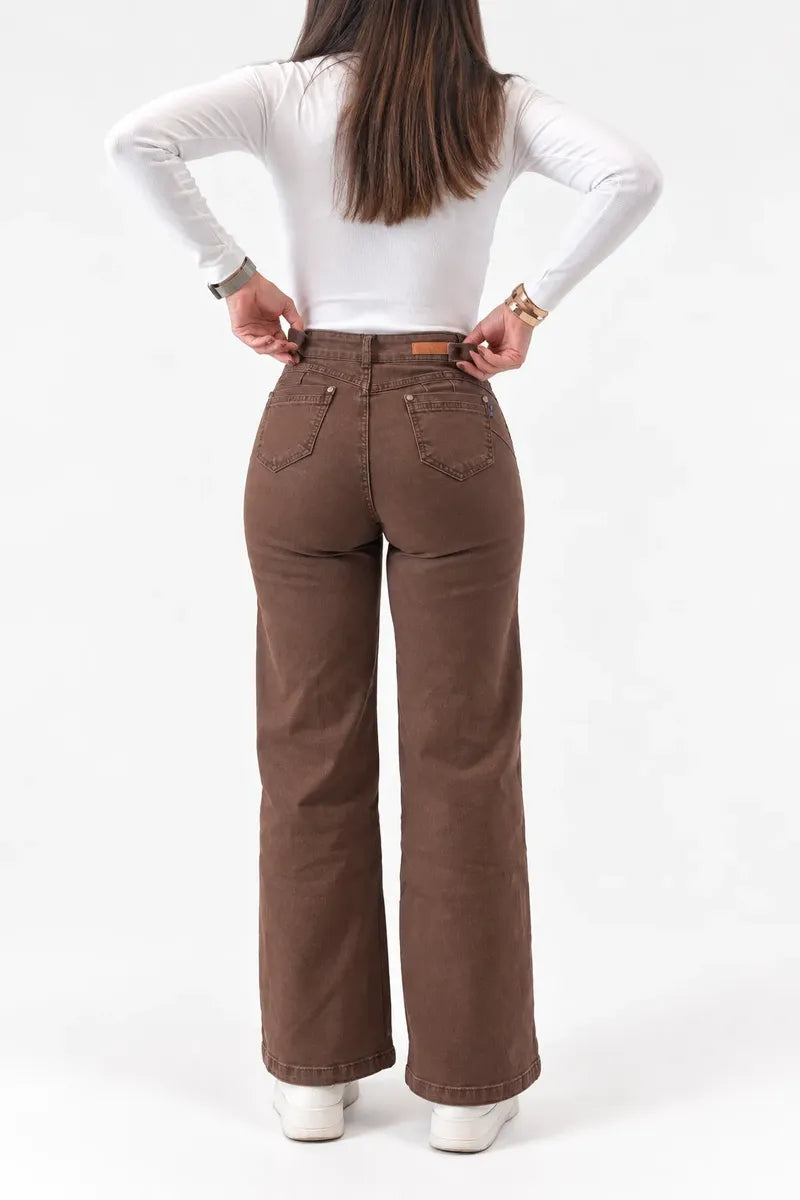 Jeans Wide Leg Cafe Tiro Alto Elasticado Recto Horma Grande