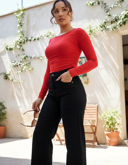 Jeans Wide Leg Negro Tiro Alto Full Elasticado Talla Grande