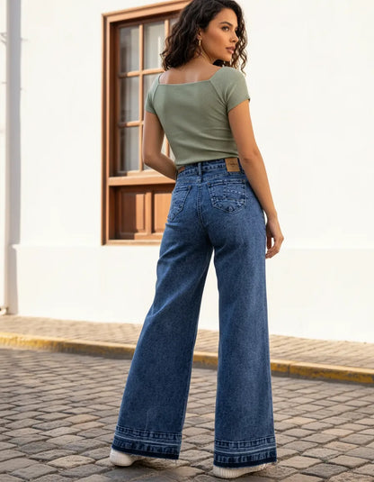 Jeans Wideleg Full Elasticado Azul Piedra Basta Deshilachada