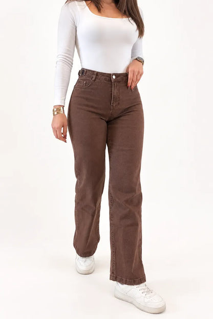 Jeans Wide Leg Cafe Tiro Alto Elasticado Recto Horma Grande