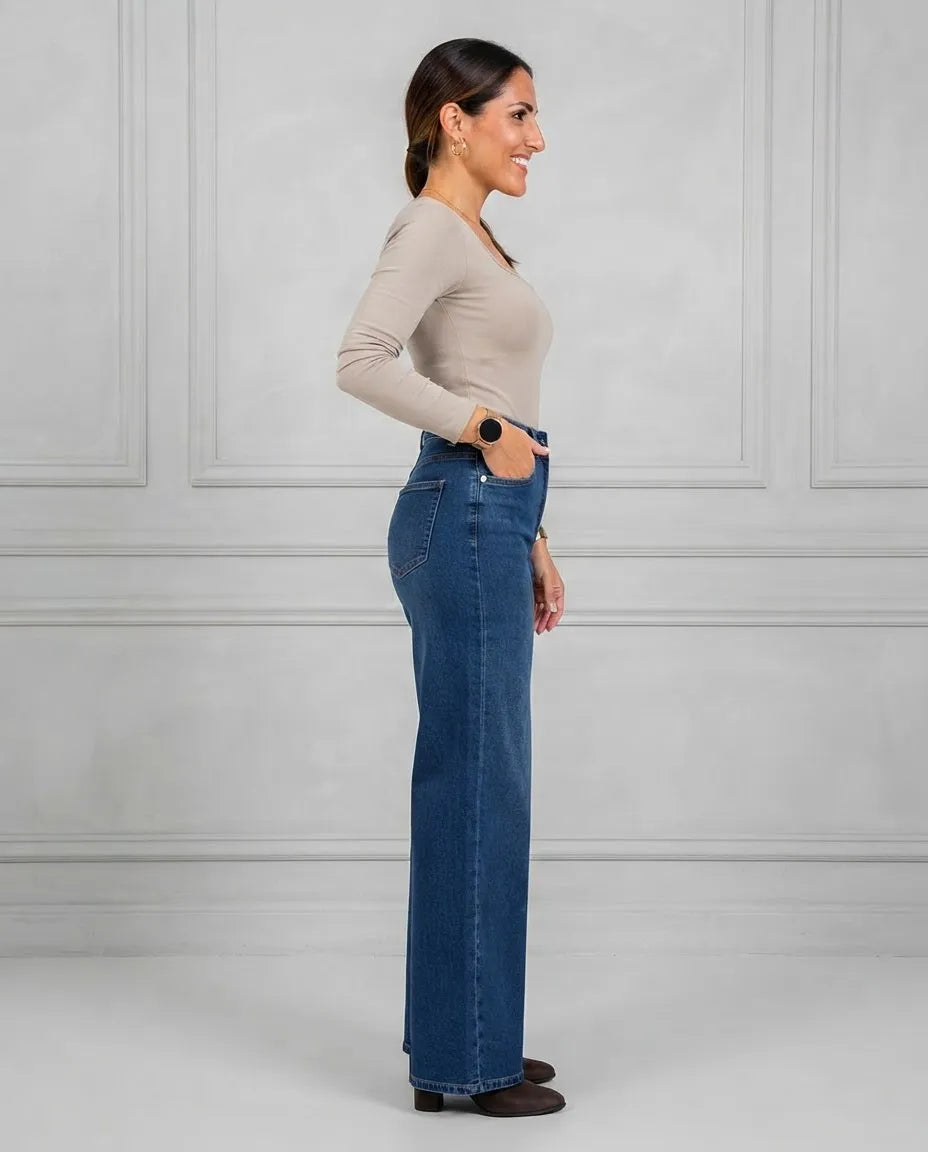 Jeans Mujer Wide Leg Azul Clásico Corte Recto Elasticado