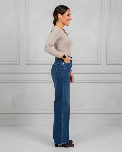 Jeans Mujer Wide Leg Azul Clásico Corte Recto Elasticado