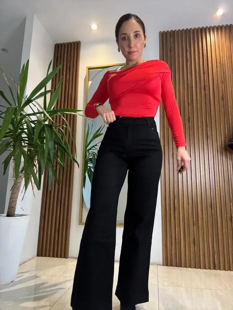 Jeans Wide Leg Negro Tiro Alto Full Elasticado Talla Grande