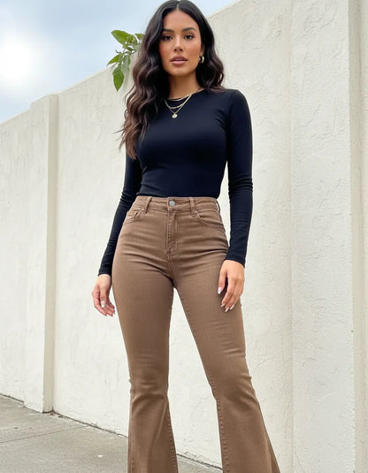 Jean Mujer Flare Café Chocolate Tiro Alto Elasticado Push Up (Basta deshilachada)