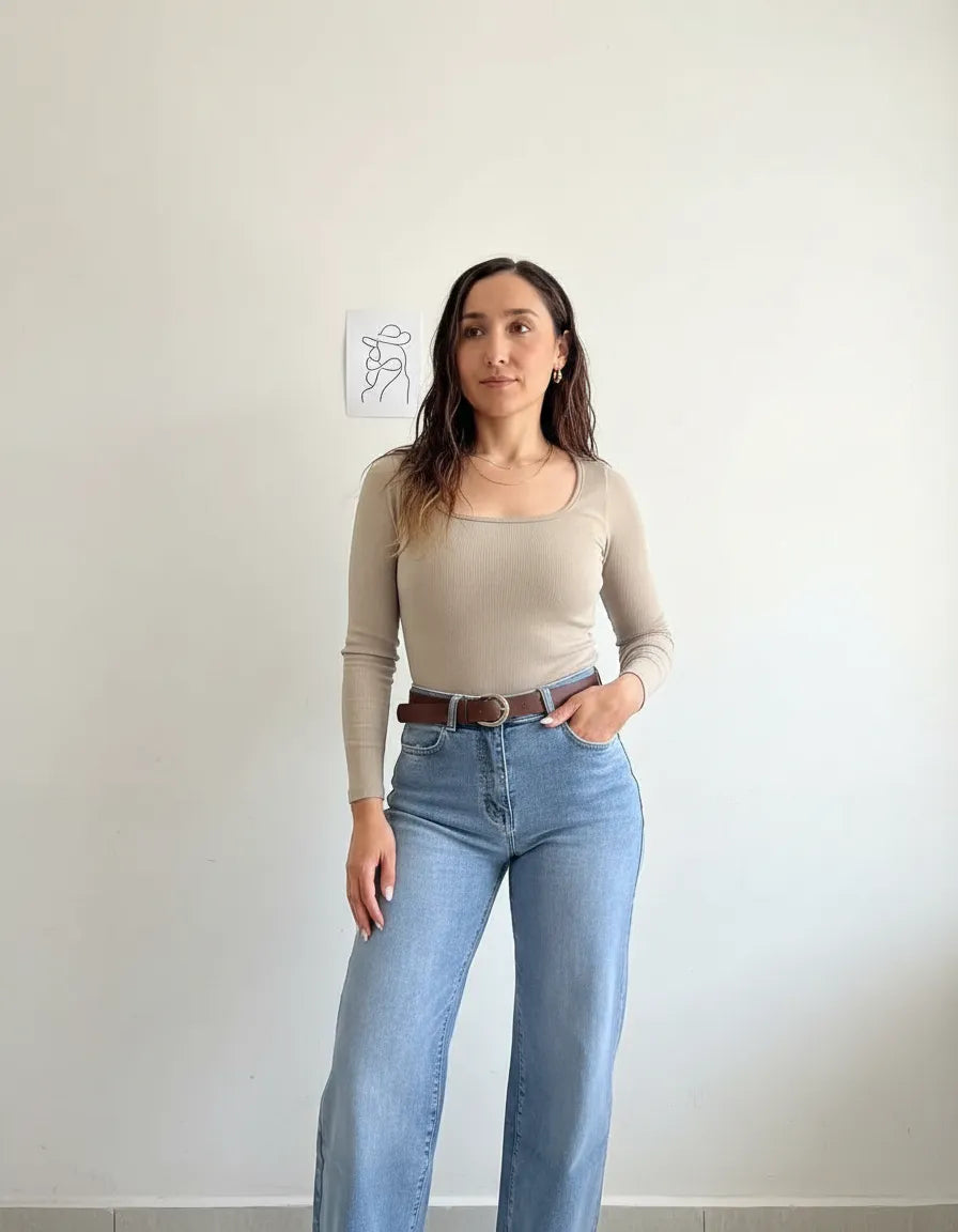 Jean Wide Leg Celeste Tiro Alto Elasticado Con Cinturón