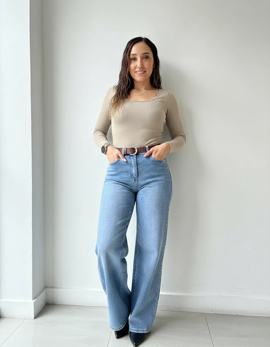 Jean Wide Leg Celeste Tiro Alto Elasticado Con Cinturón