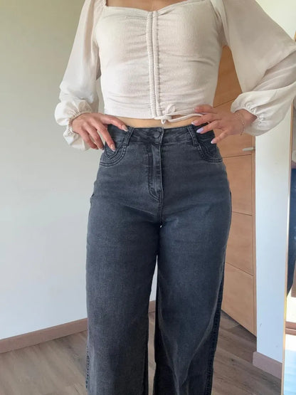 Jeans Mujer Negro Lavado Tiro Alto Elasticado Súper Cómodo