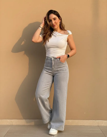 Jeans Super Wide Leg Tiro Alto Full Elasticado Bolsillos Gris Claro