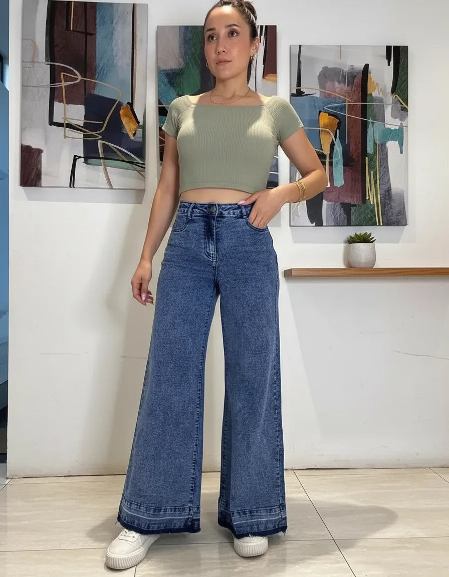 Jeans Wideleg Full Elasticado Azul Piedra Basta Deshilachada