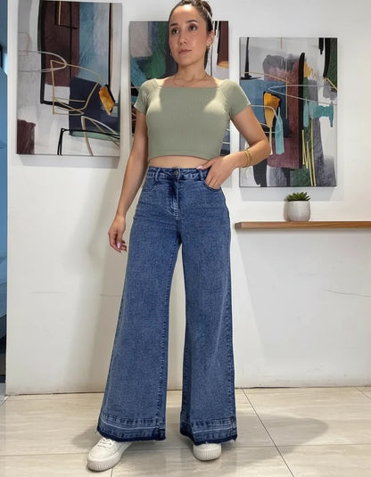 Jeans Wideleg Full Elasticado Azul Piedra Basta Deshilachada