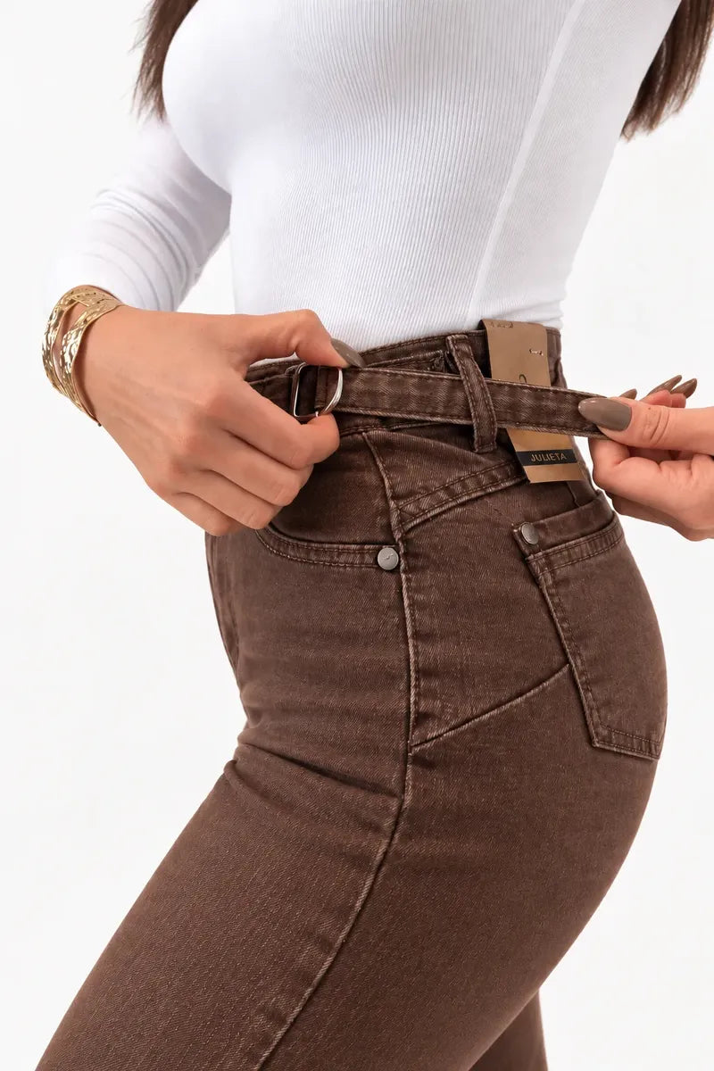 Jeans Wide Leg Cafe Tiro Alto Elasticado Recto Horma Grande