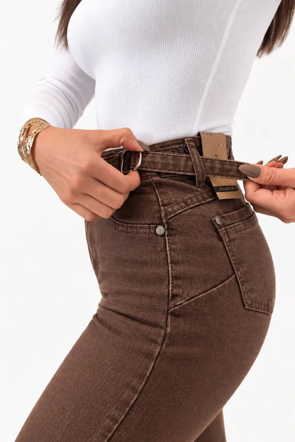 Jeans Wide Leg Cafe Tiro Alto Elasticado Recto Horma Grande