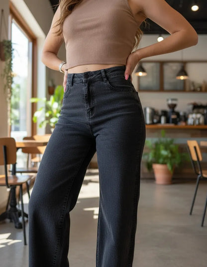Jeans Mujer Negro Lavado Tiro Alto Elasticado Súper Cómodo