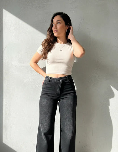 Jean Wide Leg Mujer Cintura Cruzada Tiro Alto Elastizado