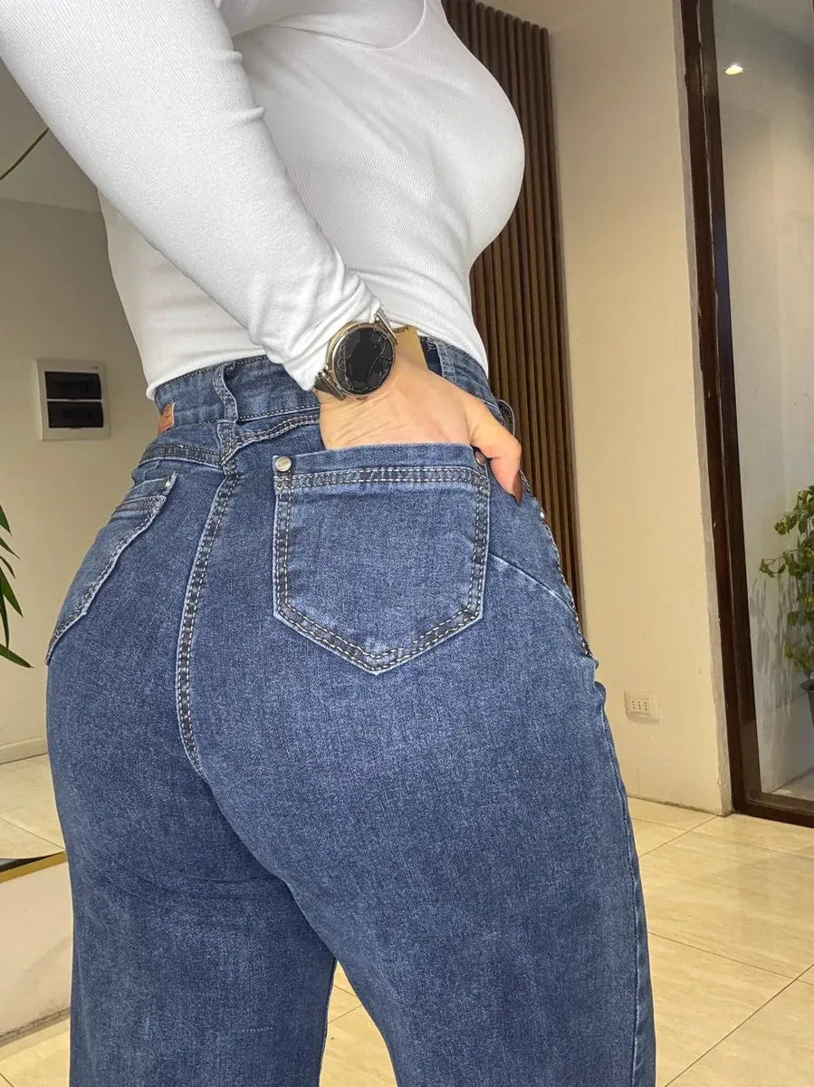 Jeans Wide Leg Tiro Alto Bolsillos Delanteros Horma Grande