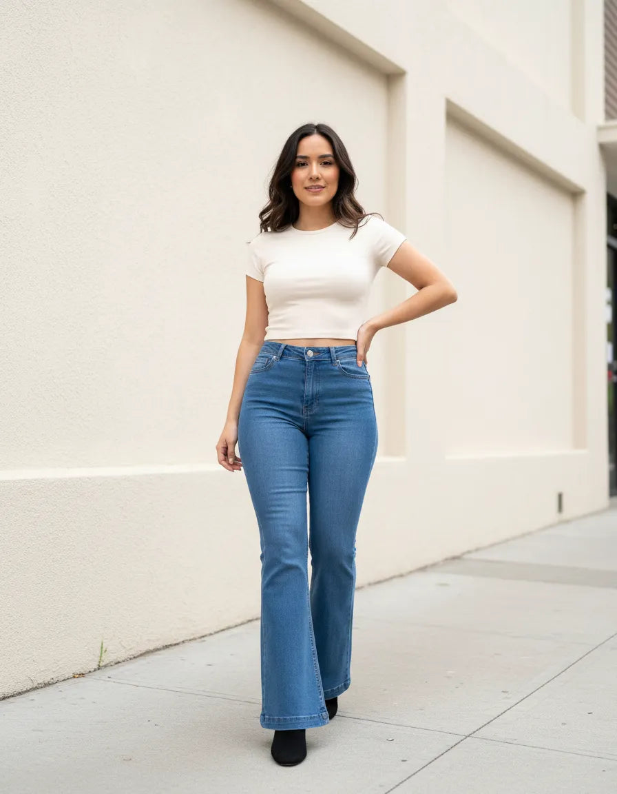 Jeans Flare Celeste Tiro Alto Elasticado Efecto Push Up