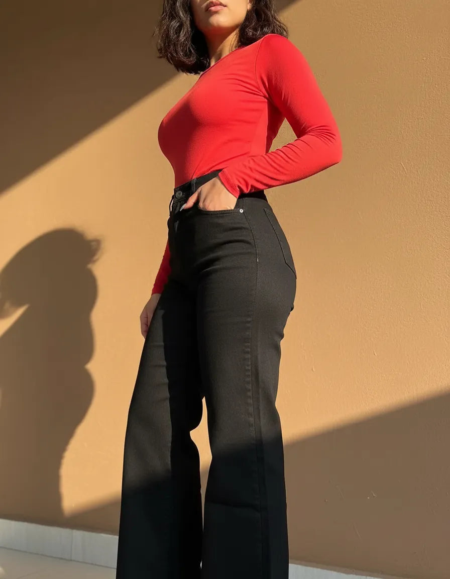 Jeans Wide Leg Negro Tiro Alto Full Elasticado Talla Grande