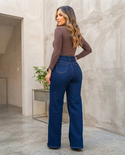 Jeans Mujer Wide Leg Azul Oscuro Corte Recto Elasticado