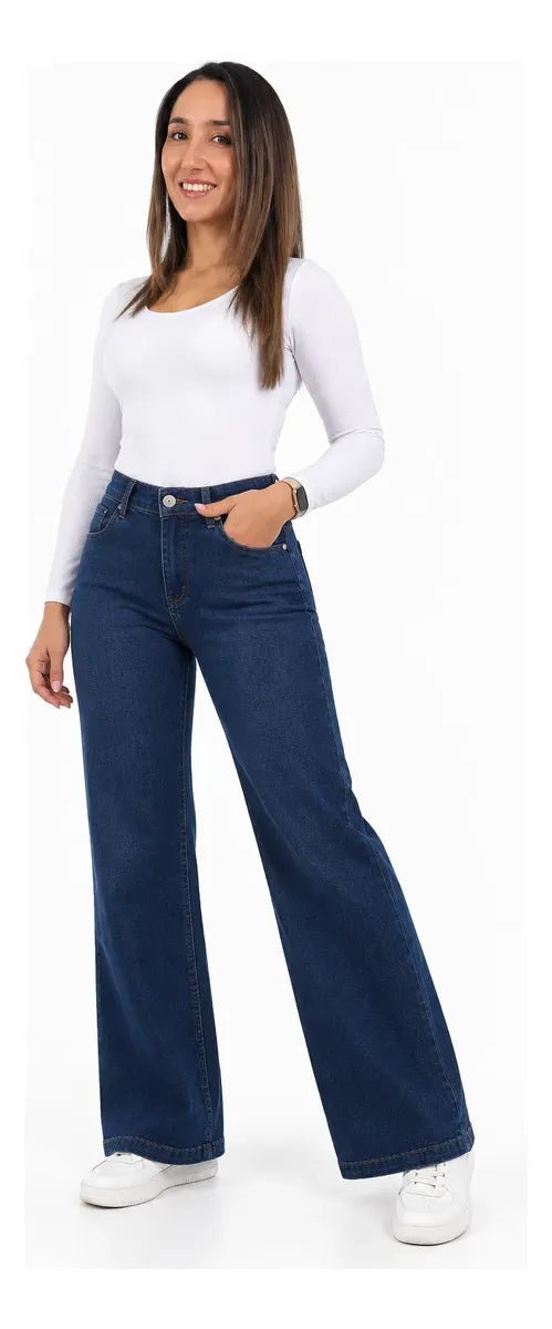 Jeans Wide Leg Corte Recto Tiro Alto Elasticado Azul Oscuro