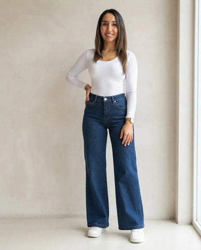 Jeans Wide Leg Corte Recto Tiro Alto Elasticado Azul Oscuro