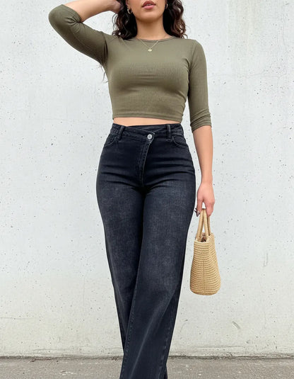 Jean Wide Leg Mujer Cintura Cruzada Tiro Alto Elastizado