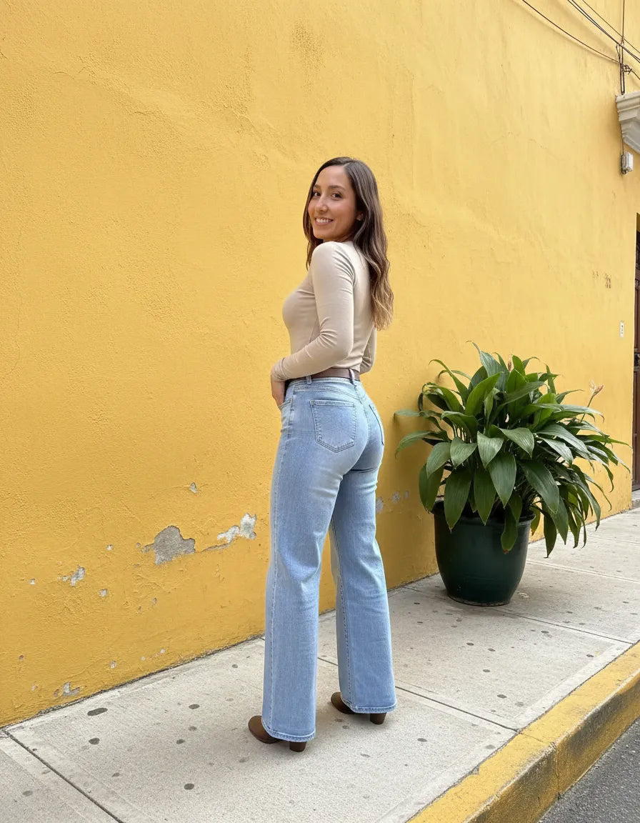 Jean Wide Leg Celeste Tiro Alto Elasticado Con Cinturón