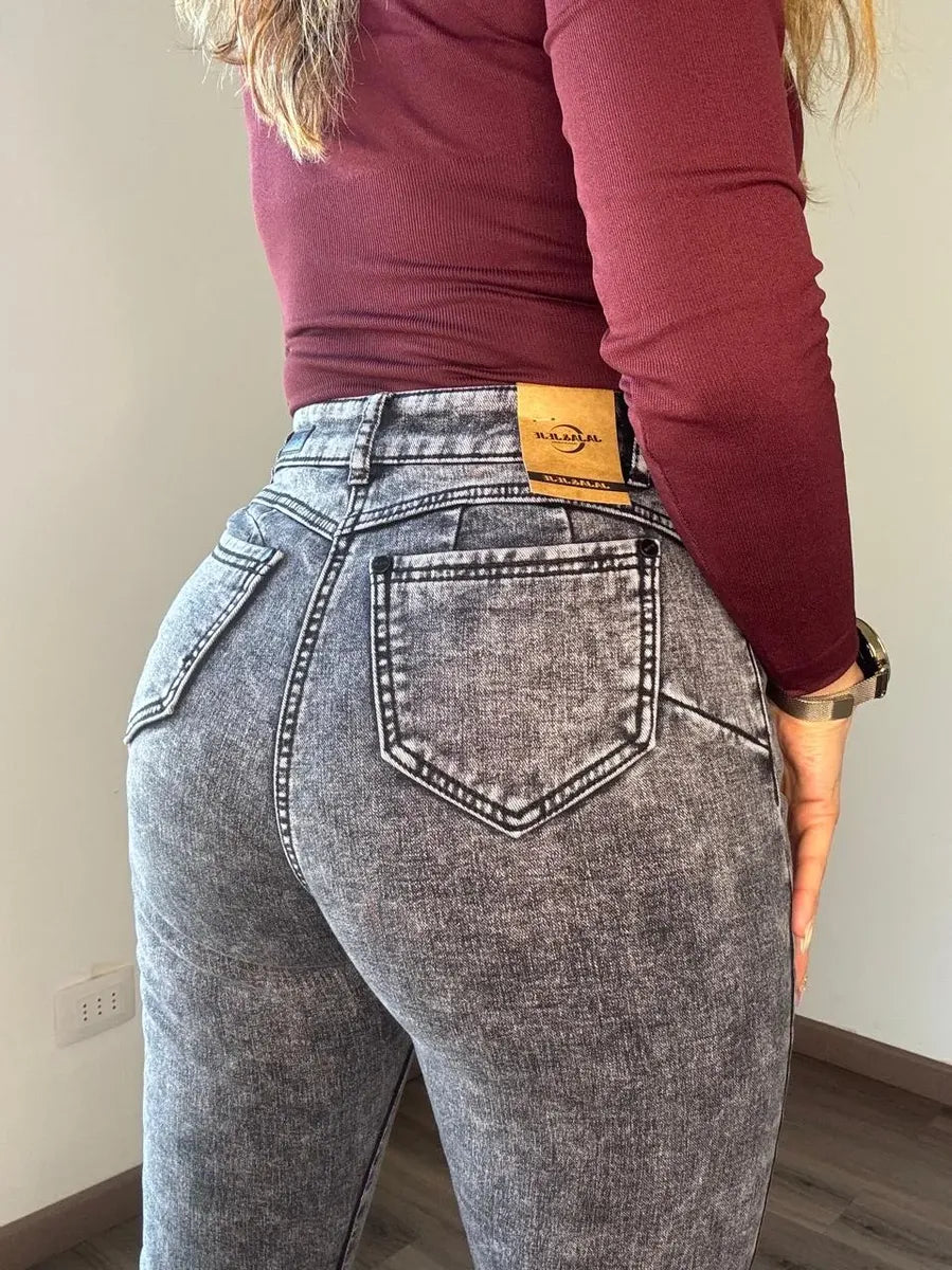 Jean Mujer Pitillo Polar Tiro Alto Elasticado Gris Nevado