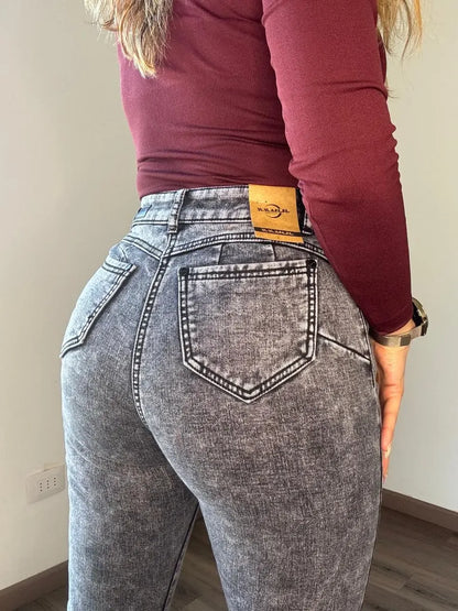 Jean Mujer Pitillo Polar Tiro Alto Elasticado Gris Nevado
