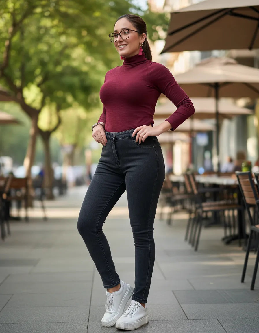Jeans Gris Oscuro Con Polar Tiro Alto Elasticado Push Up