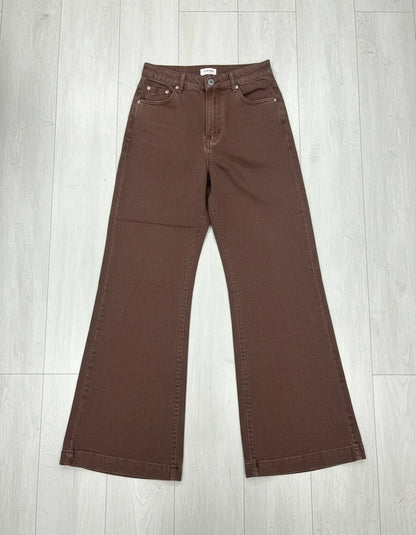 Jeans Mujer Palazzo Café Tiro Alto Elasticado Horma Grande