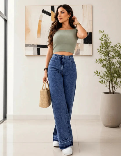 Jeans Wideleg Full Elasticado Azul Piedra Basta Deshilachada