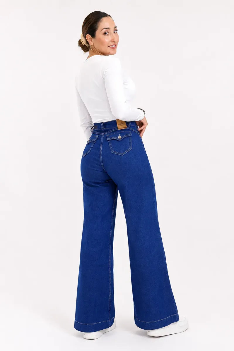 Jean Wide Leg Tiro Alto Elasticado Horma Grande Azul Intenso