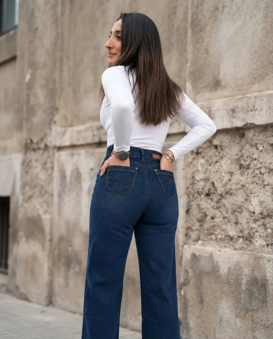 Jeans Wide Leg Corte Recto Tiro Alto Elasticado Azul Oscuro