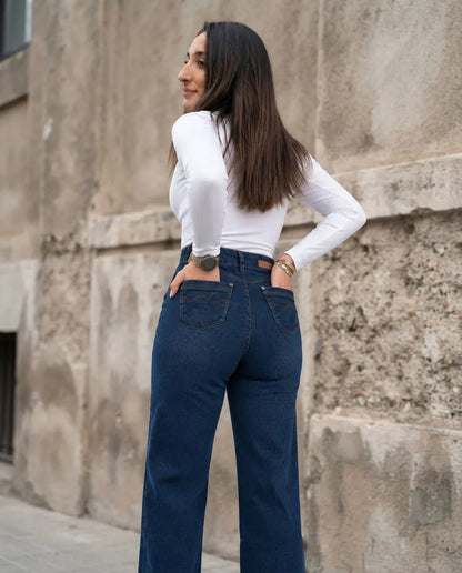 Jeans Wide Leg Corte Recto Tiro Alto Elasticado Azul Oscuro