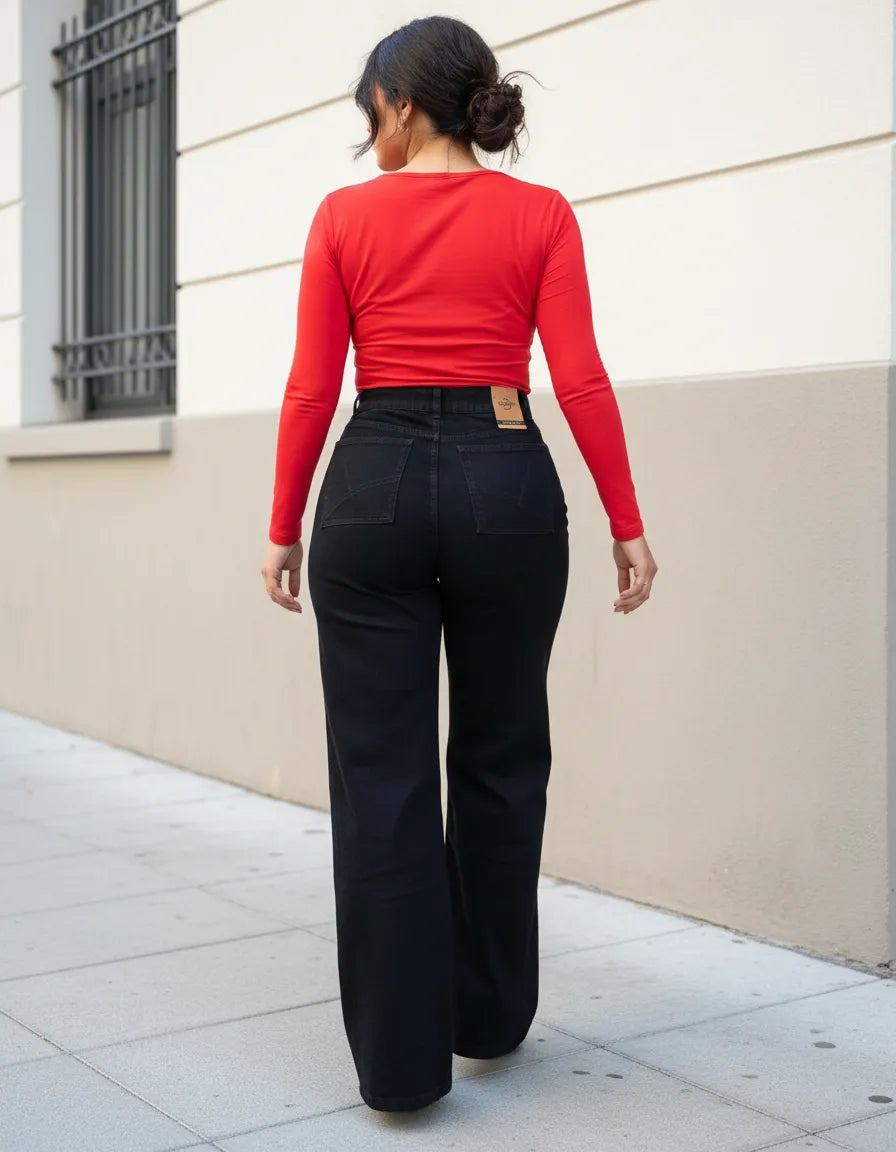 Jeans Wide Leg Negro Tiro Alto Full Elasticado Talla Grande