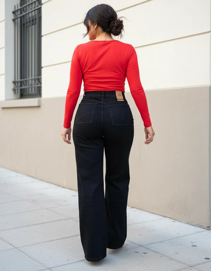 Jeans Wide Leg Negro Tiro Alto Full Elasticado Talla Grande