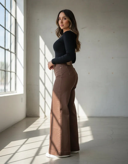 Jeans Mujer Palazzo Café Tiro Alto Elasticado Horma Grande