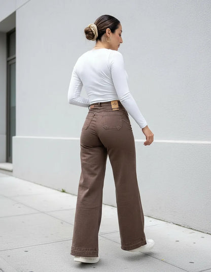 Jeans Mujer Palazzo Café Tiro Alto Elasticado Horma Grande (Basta deshilachada)