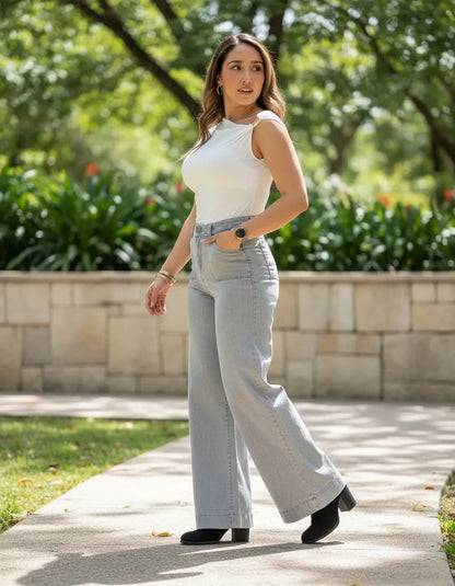 Jeans Super Wide Leg Tiro Alto Full Elasticado Bolsillos Gris Claro