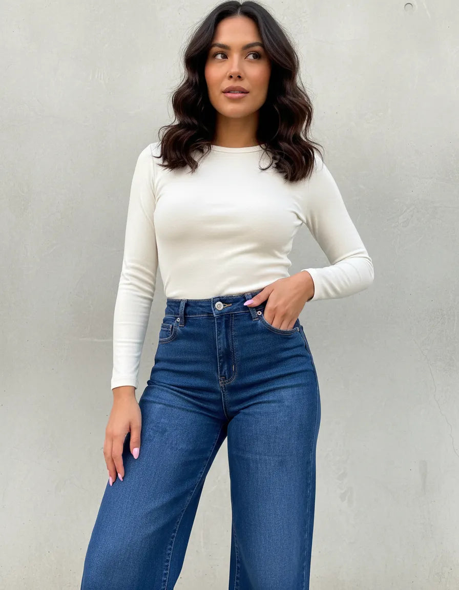 Jeans Mujer Wide Leg Azul Clásico Corte Recto Elasticado