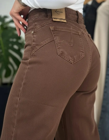 Jeans Mujer Palazzo Café Tiro Alto Elasticado Horma Grande