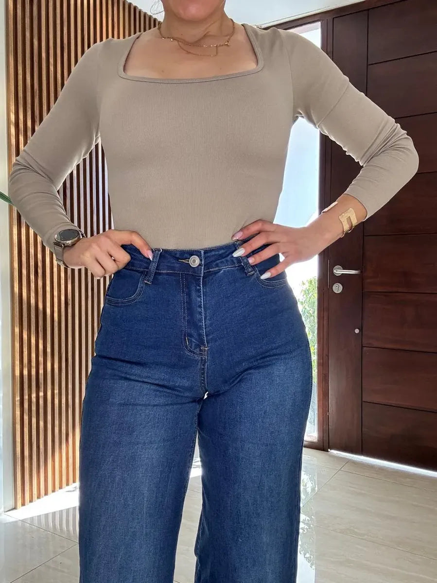 Jeans Mujer Wide Leg Azul Clásico Corte Recto Elasticado