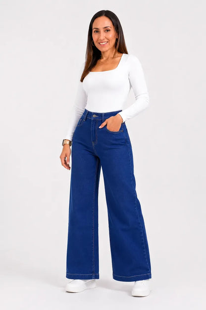 Jean Wide Leg Tiro Alto Elasticado Horma Grande Azul Intenso
