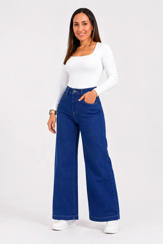 Jean Wide Leg Tiro Alto Elasticado Horma Grande Azul Intenso